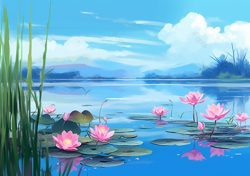 唯美水彩画山水荷花图背景,插画/手绘图,插画/手绘图库,插画/手绘图下载,插画/手绘